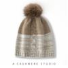 Women 100% Cashmere Beanie Hat Two Tone Color Block Pom Pom Detail Cable Knit Winter Warm Soft Slouchy Skullies Cap