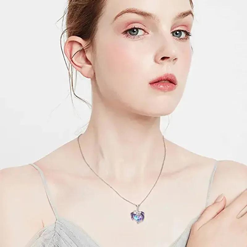 Luxury Colorful Heart Crystal Dragon Wings Pendant Necklace for Women Creative Mother of Dragons Chokers Chain Jewelry Accessory