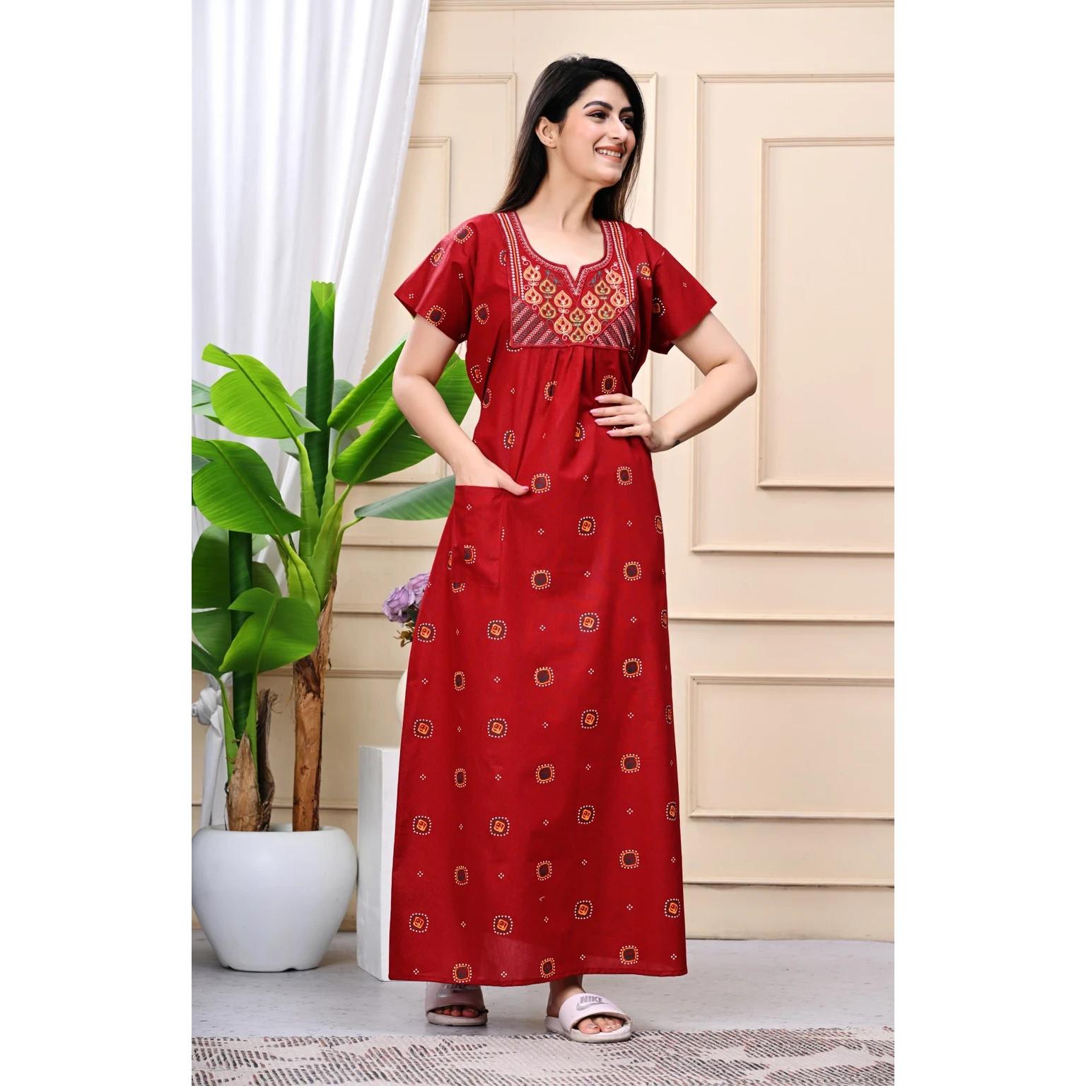 

Red Embroidery Women Night Gown Dress Indian Beautiful Daily Wear Maxi Nighty Free