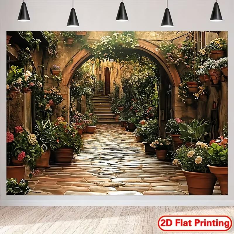 2D Mediterranean Flower Alley Backdrop Rustic Stone Path Photo Booth Background