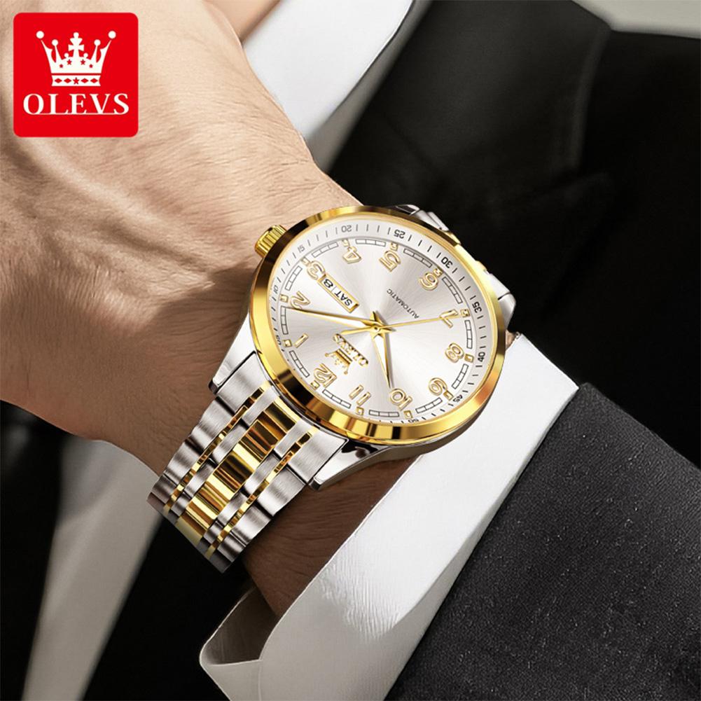 OLEVS 7077 Luxus Automatische Mechanische Uhr Für Herren Stahlarmband Doppelkalender Wasserdicht Klassische Herren Business Armbanduhr