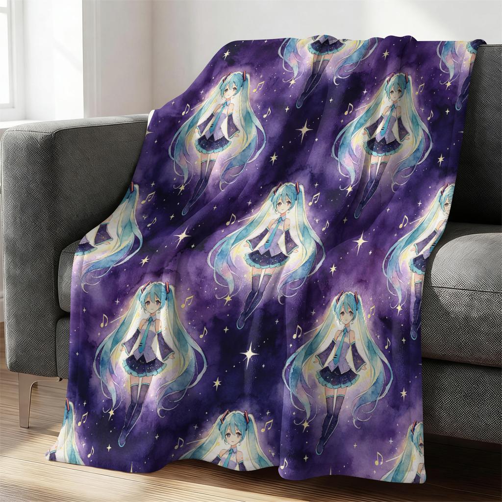 Hatsune Miku Cute Crayon Style Flannel Throw Blanket Gift for Anime Fan Summer Nap Throw Sofa Blanket Bed Cover Travel Blanket