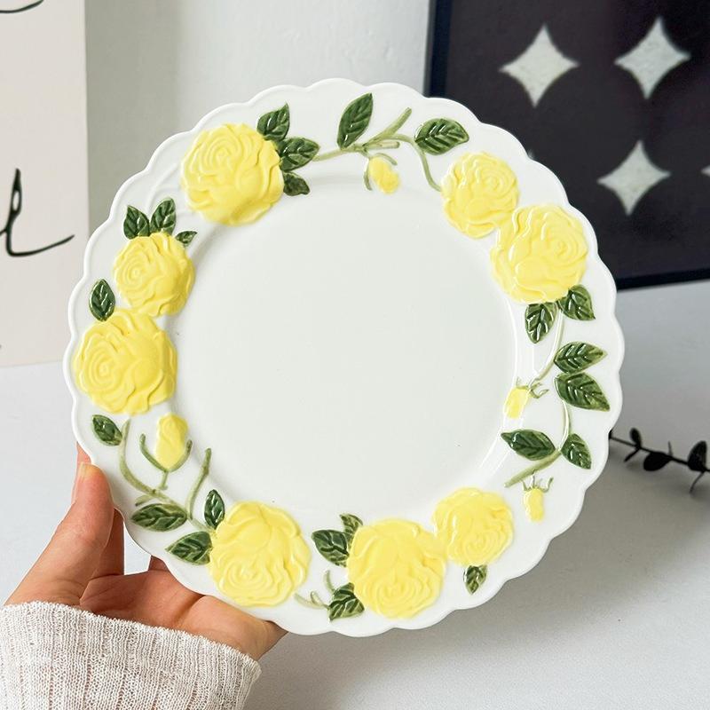 BRRose Flower Relief Dinner Plate Porcelain Dish 8 Inches Dessert Plate Restaurant Specialty Tableware Ceramic Disc Dinner PlatesEY