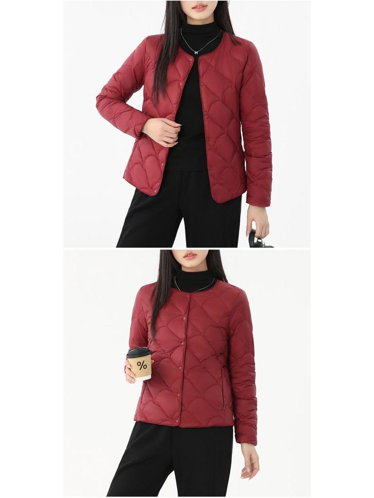 Women's Lightweight Round Neck Down Jacket – Fashionable Plus Size Thin Style with 90% Duck Down Filling.