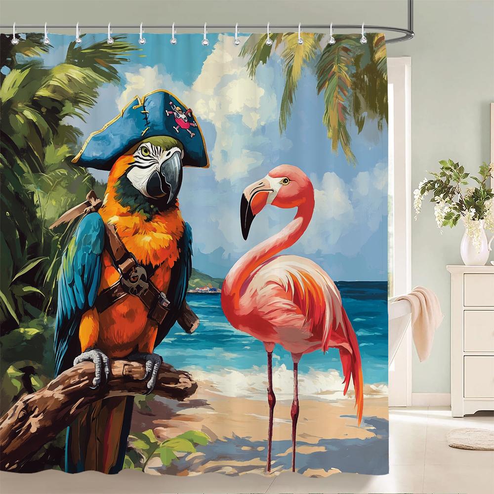 Tropical Plants, Flowers and Birds Shower Curtain for Bathroom Plant and Floral Decorative Shower Curtains with Hooks