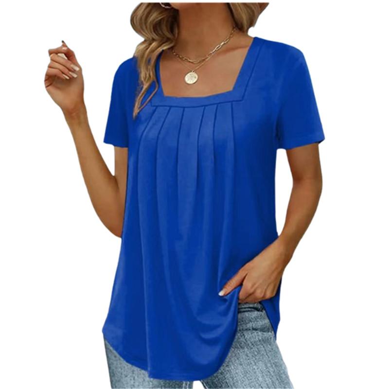 T-shirt Carré Plissé Élégant d'Été pour Femme Mode Décontracté Manches Courtes Hauts Amples Féminins Sexy pour le Travail Vêtements
