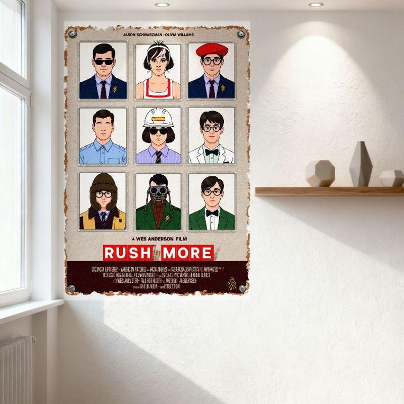 Wes Anderson Rushmore Movie Poster Grid Characters Tin Sign Vintage Metal Plaque for Home Decor, Man Cave, Bar, Cafe, Club