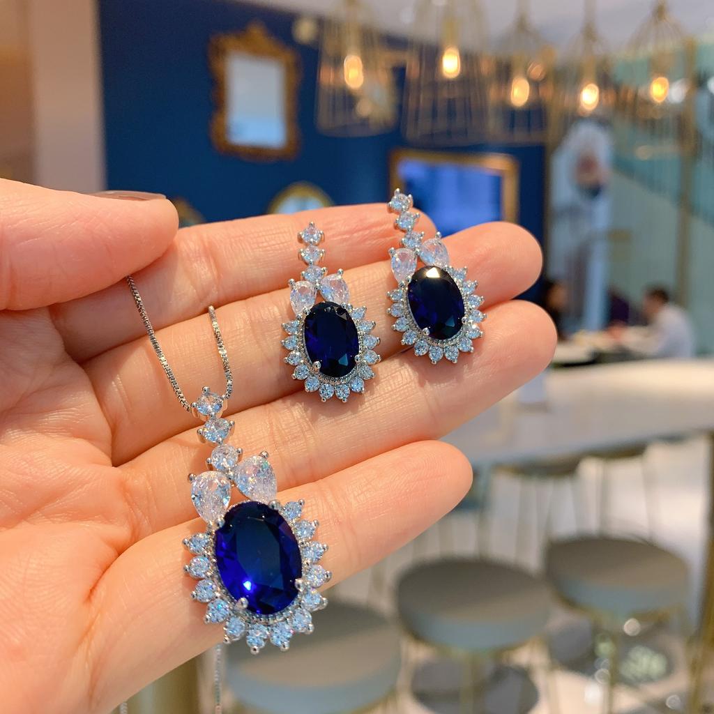 Jewelry Retro Simulation Blue Glass Set Stud Earrings Main Stone 8 * 12 Pendant 10 * 14