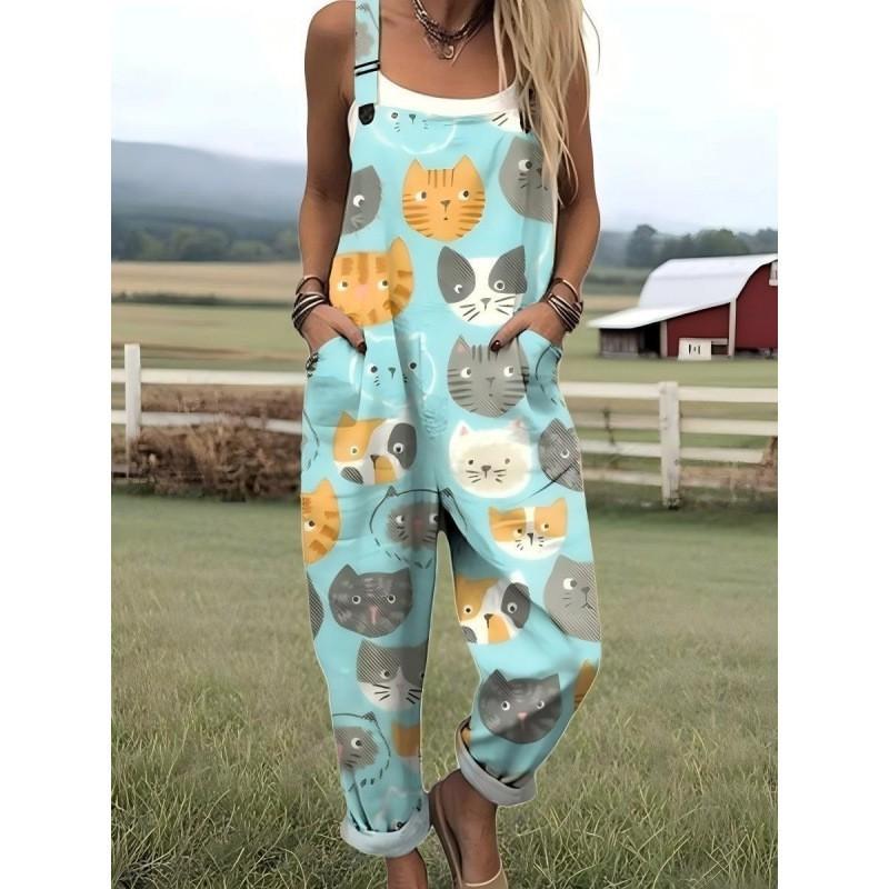 Womens Sleeveless Jumpsuit With Vintage Print Loose Fit Streetwear Style 2026