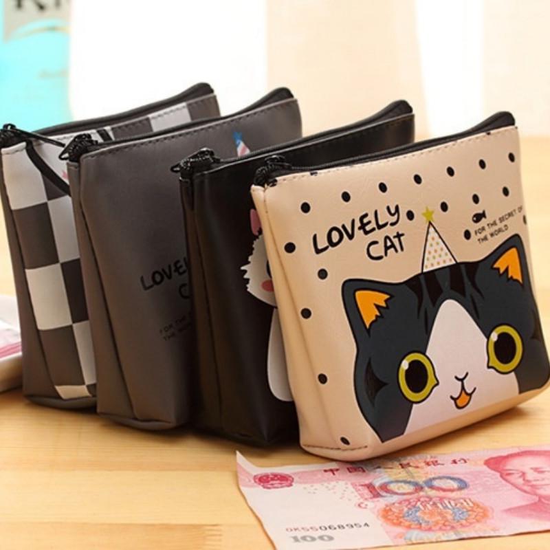 Cartoon-PU-Leder-Reißverschluss-Geldbörse für Studenten, niedliche Cartoon-Katze, weiblich, hält Münztasche