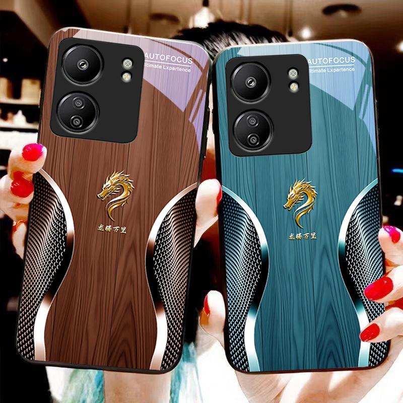 Holz Drache Schwarz Für Xiaomi Redmi 13C Note13 12 Pro Plus 5G Note 9 13T Pro POCO X6 F5 F6 Schwarz Gehärtetes Glas Handyhülle