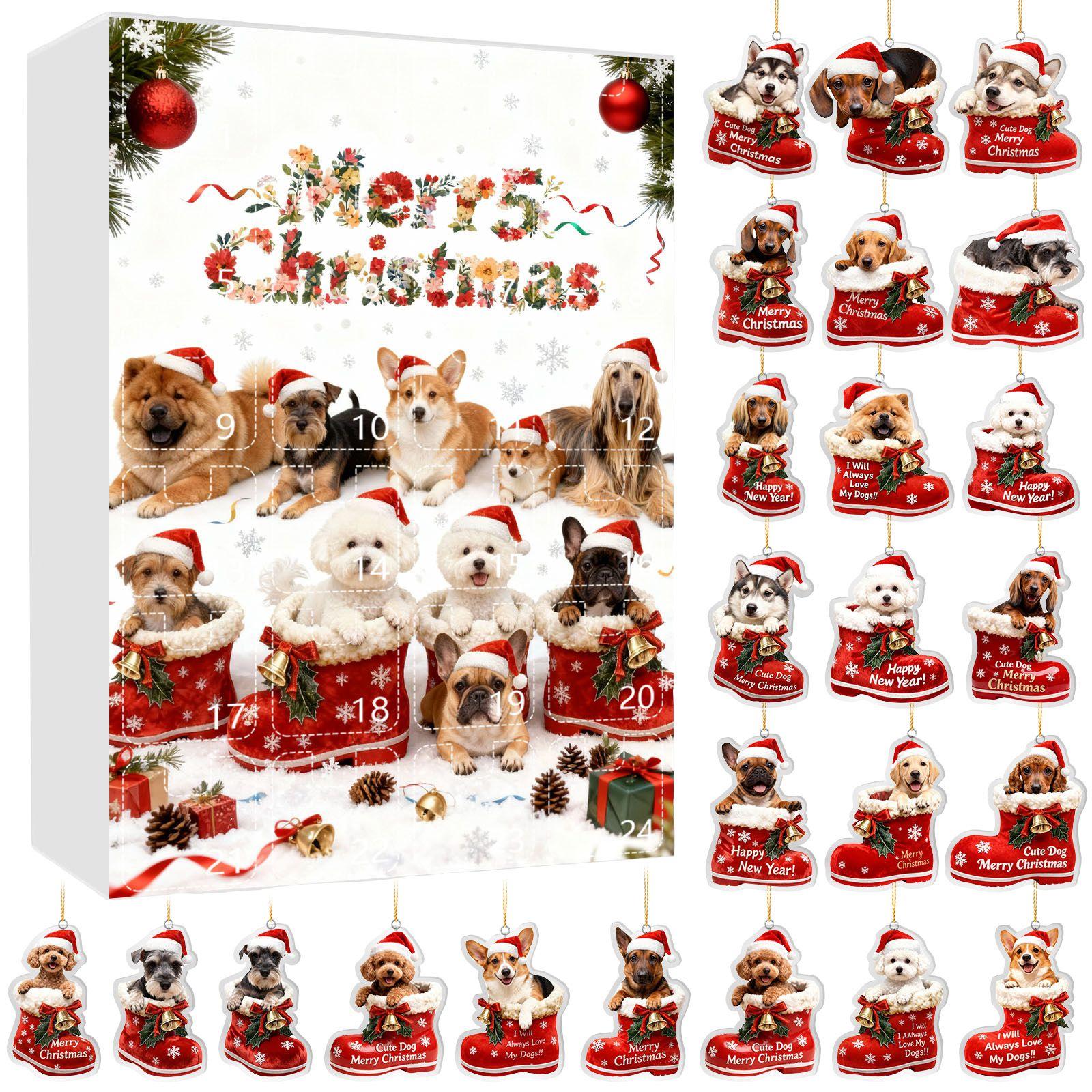 

Рождественский адвент-календарь для собак 24 рождественских украшения на собачью тематику Праздничный календарь обратного отсчета Собаки в красных ботинках Идеально для любителей домашних животных, владельцев домашних животных One Size