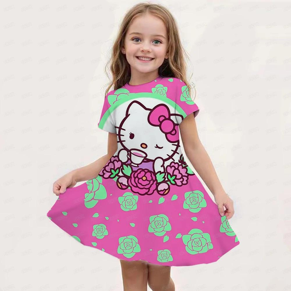 Hello Kitty Kuromi Summer Dress Girl Dresses Children Dresses Kawaii 3d Cartoon Print Cute 2024 Girl Clothing Vestidos