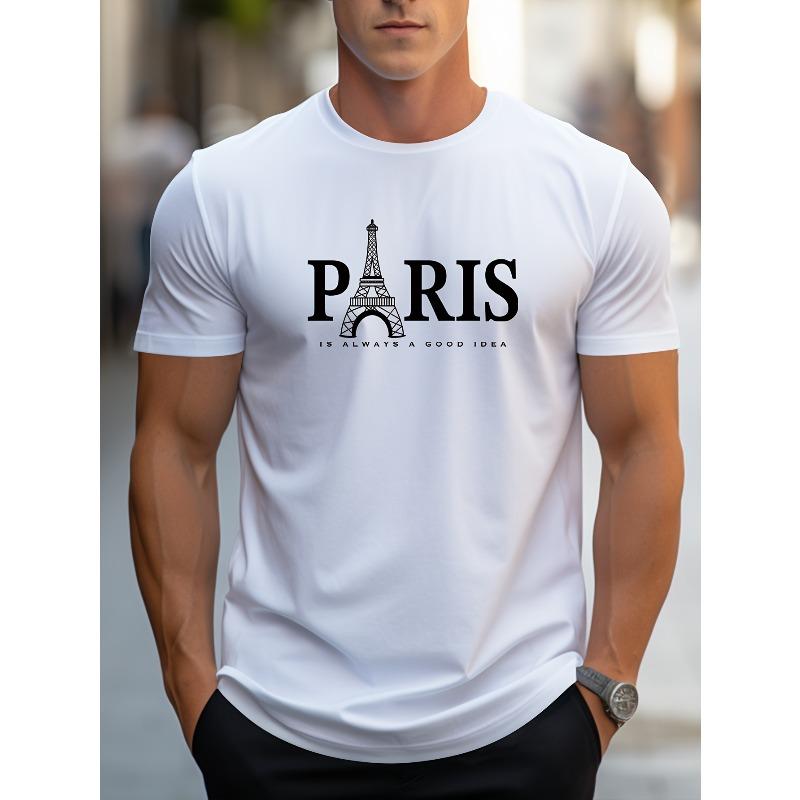 

European sizes Men s Paris Eiffel Tower Graphic Tee - Casual Crew Neck, Short Sleeve T-Shirt with Stretch Fabric, Machine Washable - Summer Essential 4XL білий