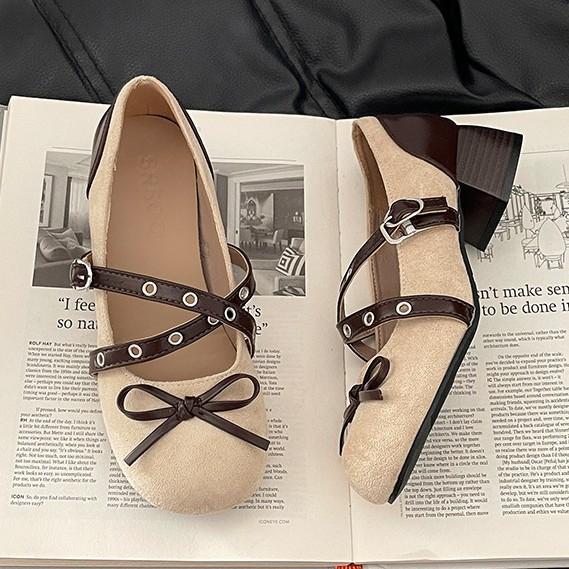 Design sense retro suede bow light mouth bag head single shoes summer fashion thick heel high heel Mary Jane shoes trend