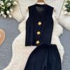 Summer Women Knitted Sweater Tracksuit Sleeveless Big Gold Button Tank Vest Tops and Wide Leg Pant Two Piece Set