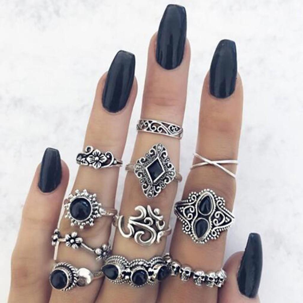 Fashion jewelry Vintage carved sun feather cross black gemstone ring multi-piece set set