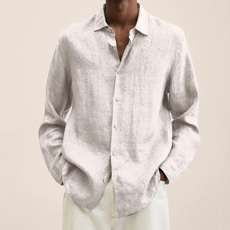 Autumn Men Vintage Solid Color Button Shirt Loose Cotton Linen Blouse