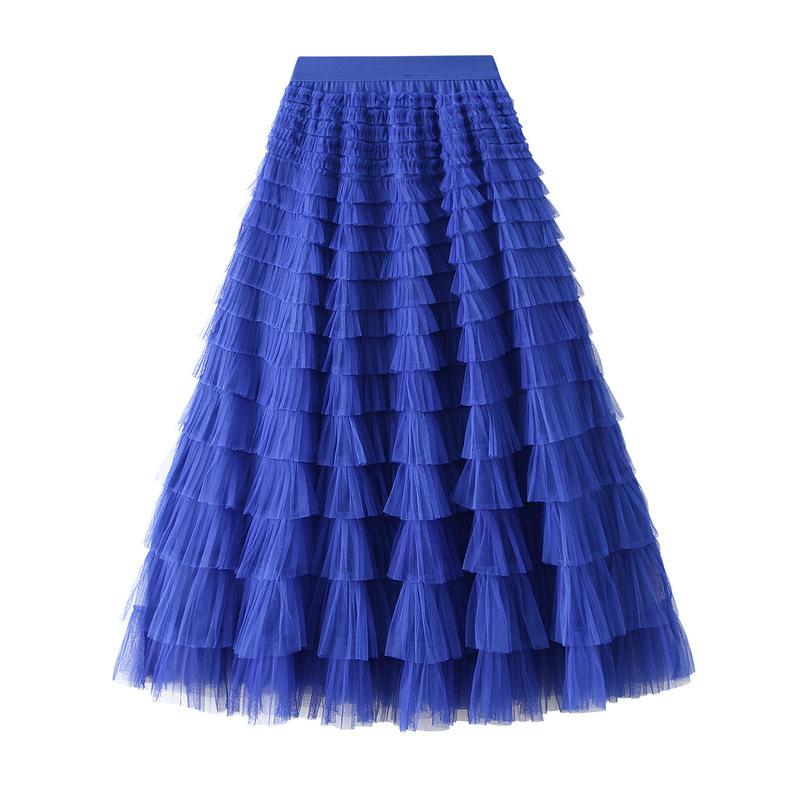 Women's Sweet Black White Tutu Skirts Tulle Cake Long Skirt Women Spring Summer Ruffle Pleated A-Line Chic Skirt