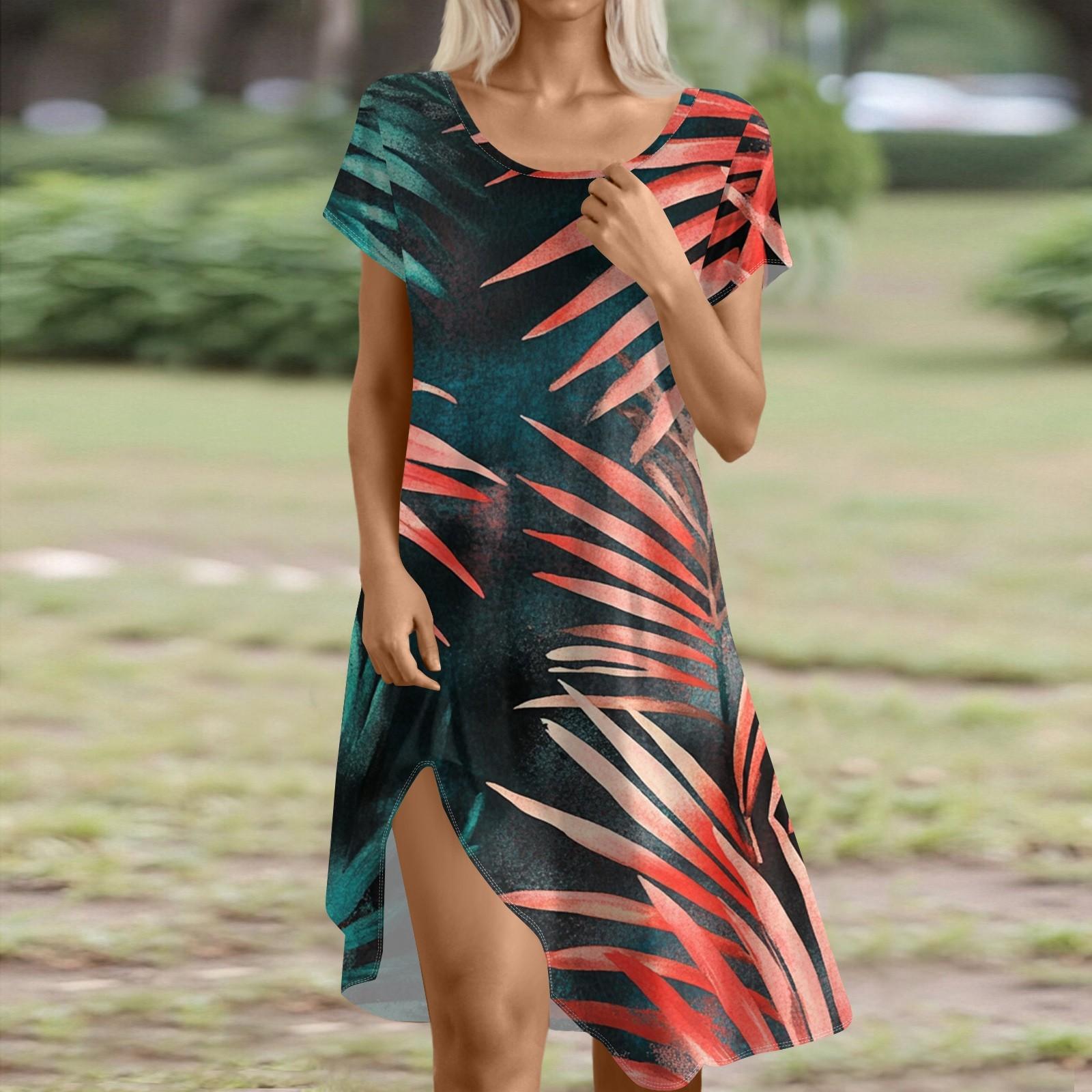 

Платье в стиле бохо с коротким рукавом для женщин, повседневное, свободного кроя, летнее, сарафан с цветочным принтом и карманами XL винный