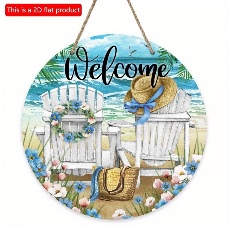 2D plat 20*20cm 1 buc Bine ați venit Vacanță la malul mării călătorie Scenă Coroană albastră și modele șezlong Semn pentru ușa din față, Vară Ușă și fronton și Hotel de vacanță și Plajă