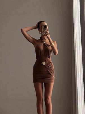 Women's Autumn/Winter Halter Neck Metal Buckle Pleated Dress