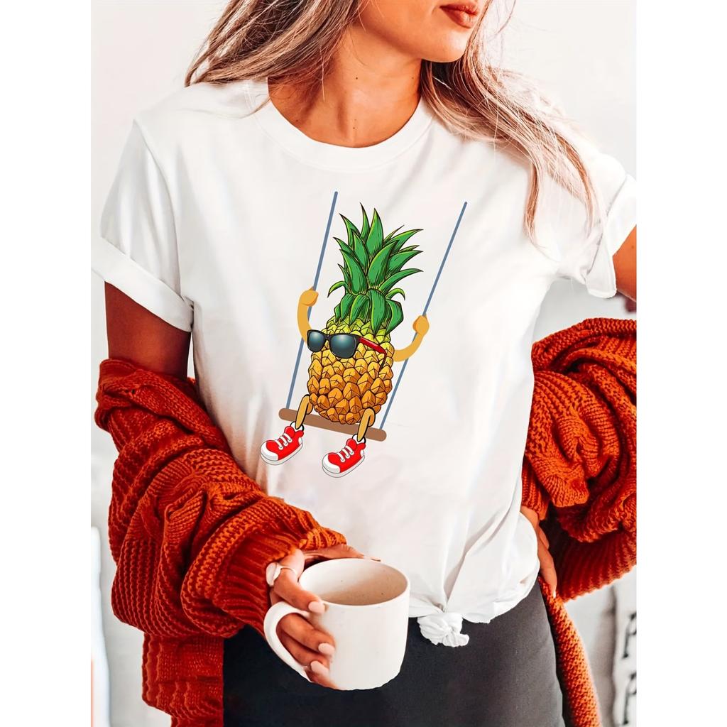 Red Shoe Swing Yellow Pineapple Fashion Letter Print T-shirt, Short Sleeve Crew Neck Casual Top for Summer & Spring, Women's Clothing
