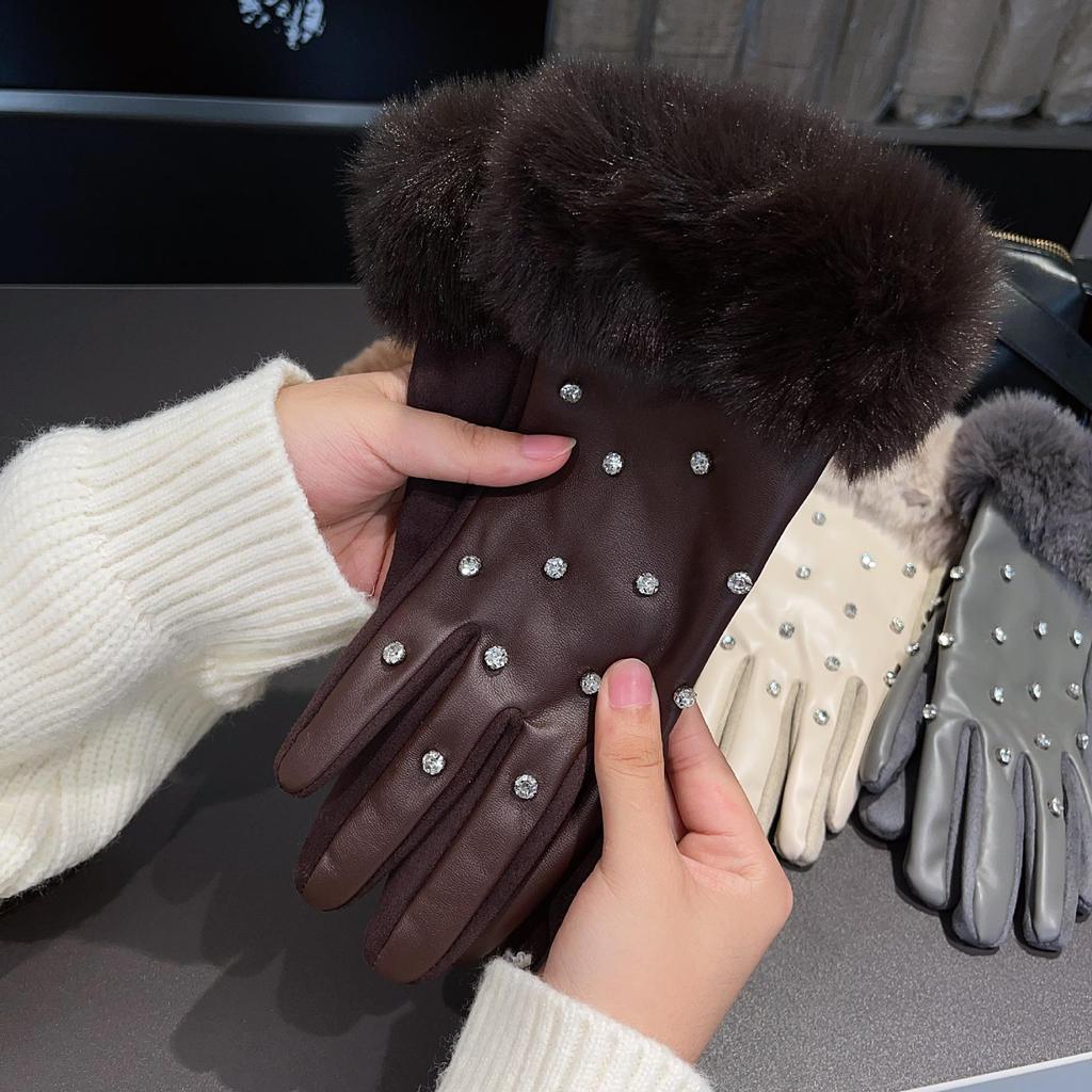 Touchscreen Proteinleder Strass Kaninchenfell Winterhandschuhe