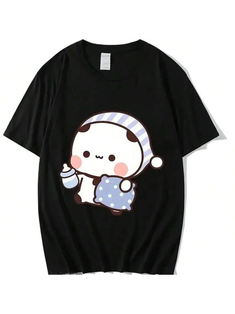 Couple Shirts Kawaii Cute BuBu Panda Going To Sleep With DuDu Bear Graphic Tshirt Women Clothes Sleeve Tees Fashion T Shirt