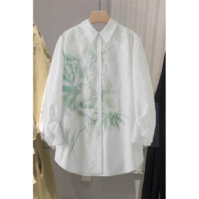 New Women's 2025 Spring and Autumn Spliced POLO Collar Button Fashion National Shirt Design Lace Long Sleeve Top