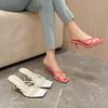 White/Pink Peep Toe Square Head Thin High Heeled Womens Slippers Narrow Band Crossover Rhinestones Sandals Beach Shoes