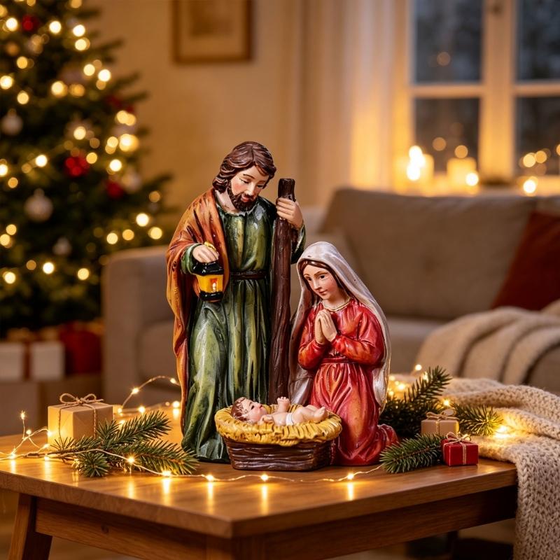 Tabletop Christmas Nativity Scene Decors, Hand-Painted Resin Holy Family Figurine for Christian Religious Mantels Shelf Church Holiday Display