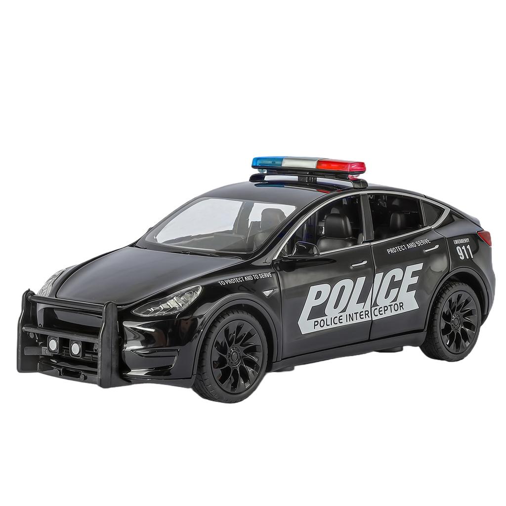 1/24 Metal Die-cast Tesla Armored Police Car Model Simulation Sound and Light Door Can Open Children's Toys Ornaments Birthday Gift