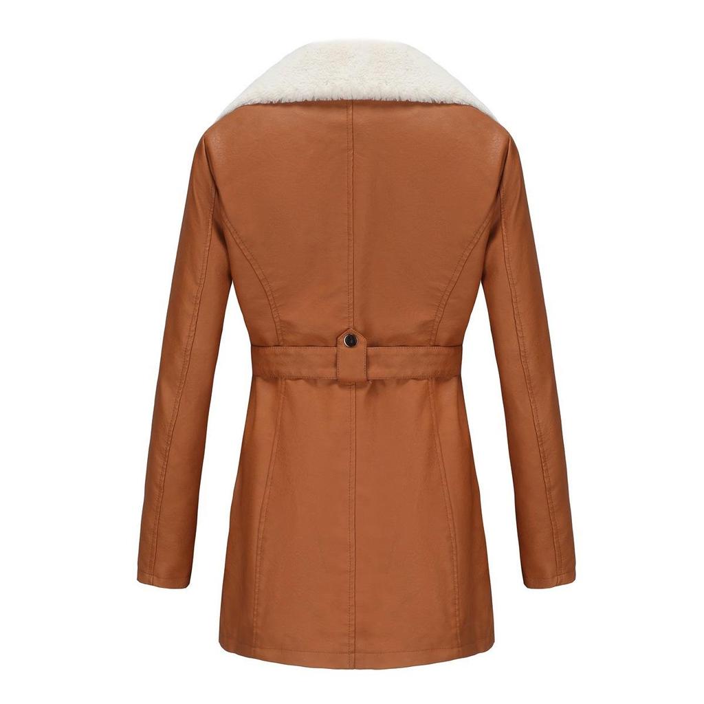 Long-sleeved plus velvet leather jacket women's lapel double-headed zipper belt warm jacket