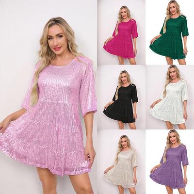 New Hot Style Fashion Sequin Dress: Solid Color, Loose Waist, Short Sleeve Skirt for Banquets