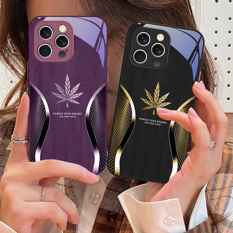 Golden Leaf Wood Grain For IPhone 16 Pro Max 15 Pro 14 13 12 Mini 11 XS M Ax XR 7 8 Plu SE 2022 Tempered Glass Phone Case