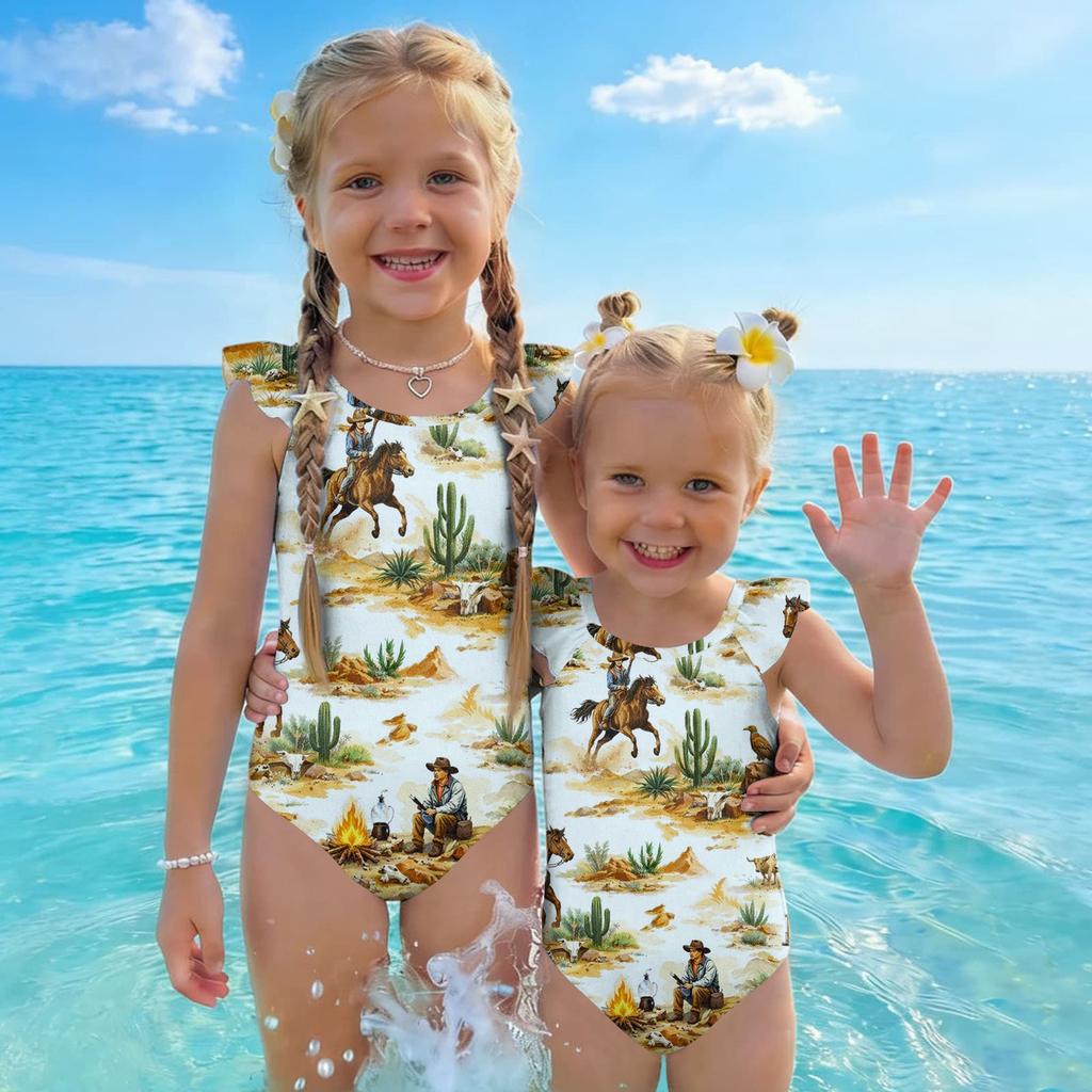 Girls One Piece Swimsuit Hawaiian Print Sleeveless Ruffle Shoulder Swimwear Kids Beachwear Bathing Suit for Summer Pool Water Activities