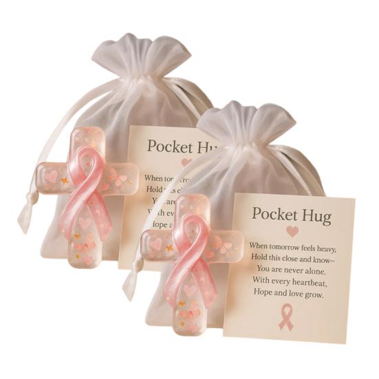 Pink Pocket Hug Token Breast Cancer Awareness Keepsake Transparent Prayer Token with Pink Ribbon Emotional Support Gift for Loved Ones