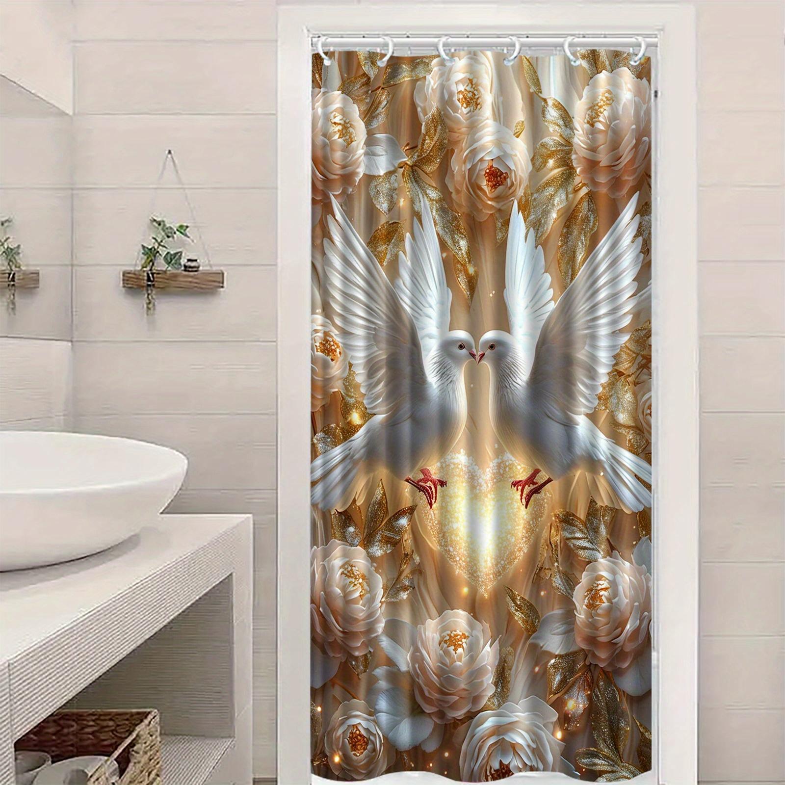 

White Dove Shower Curtain Love Birds Heart Design Floral Art Elegant Wedding Decor Waterproof Printed Bath Curtain Home Fashion 90x180CM