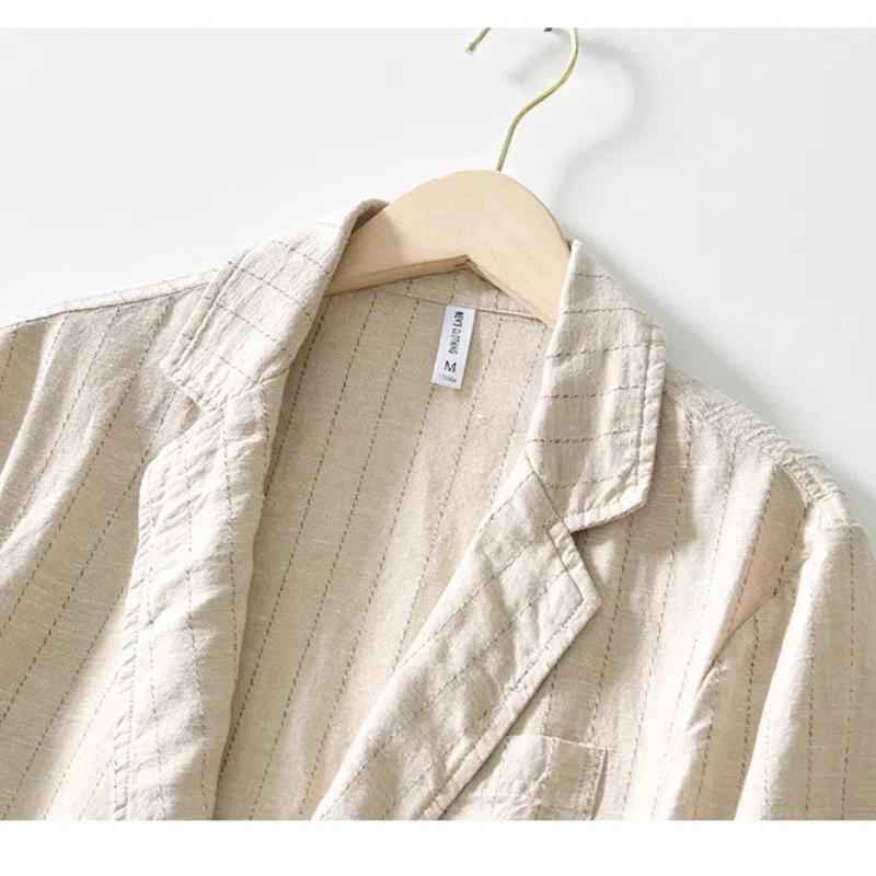 Summer Men's Suits&blazers Japanese Retro Style Stripes Cotton Linen Three Quarter Sleeve Blazer Jacket Slim Fit Casual Jacket