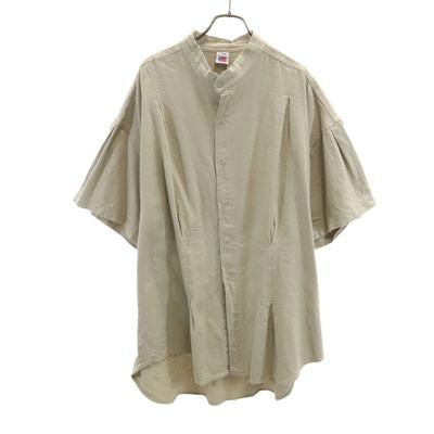 90s USA-made Linen Blend Old Short Sleeve Band Collar Shirt XL Beige Men's Used