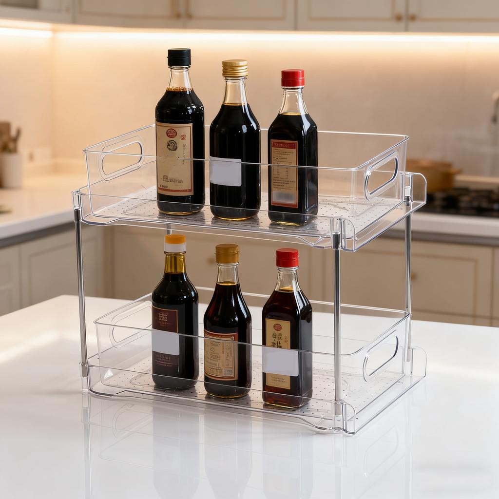 2-Tier Clear Acrylic Storage Rack - 30×18.5×25.5Cm Stackable Organizer With Handles For Bathroom Kitchen  Desktop