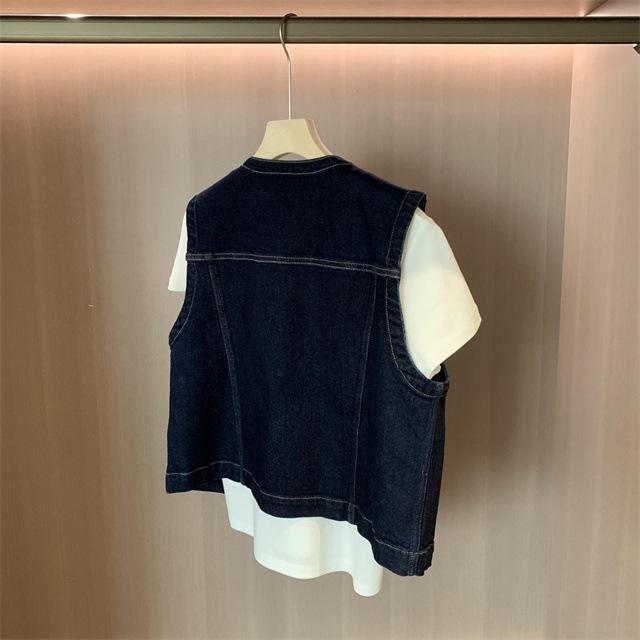 Korean Style Retro Dark Blue Round Neck Denim Vest - Women's Petite Sleeveless Fashion for Spring & Autumn
