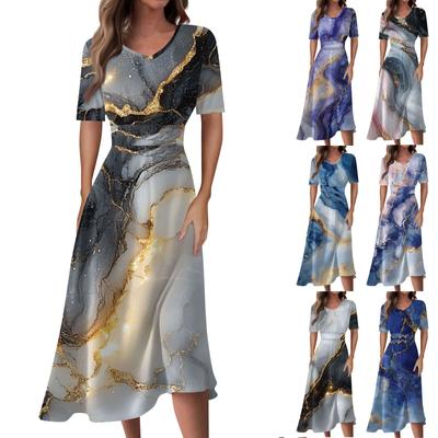 Ladies Casual Fashion Gradient Print V-Neck Short Sleeve Waist Long Swing Dress