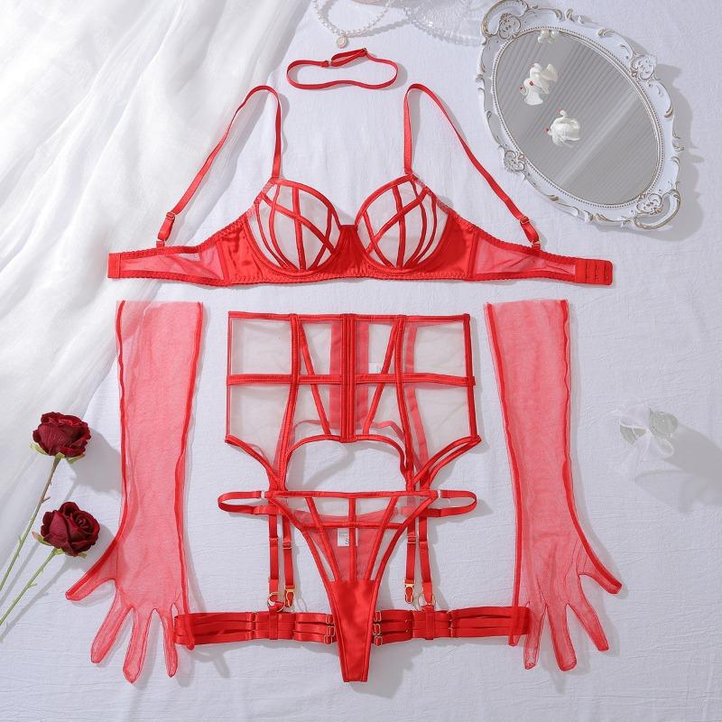 Luxury Lingeries Sexy Hot Women Erotic Costumes See Through Mesh Pusp Up Bra And Panty With Garter Belts Gloves Choker Underwear
