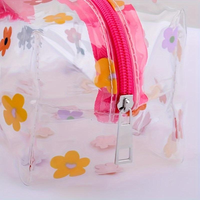 Transparent Flowers Design Pencil Case Girls' Portable Cosmetic Bag Cartoon Women Ladies PVC Makeup Bag Stationery Storage Bag