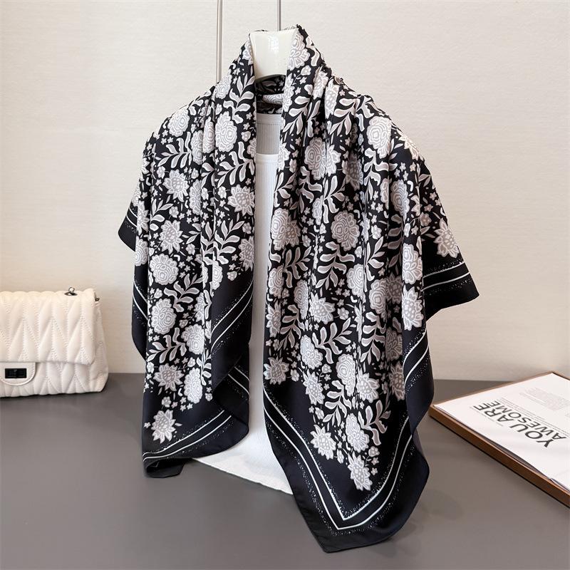 Autumn must-have imitation silk large square scarf retro flower printing professional versatile shawl diagonal silk pattern scarf headscarf women