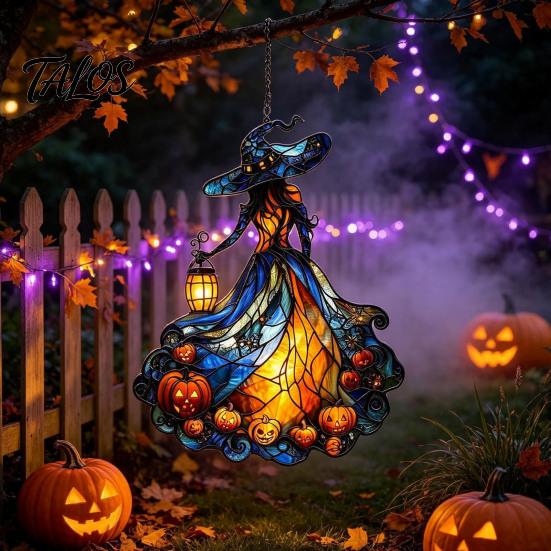 Colorful Witch Silhouette Decor Acrylic Suncatcher, Stained Glass Effect Window Car Hanging Ornament, Gothic Scary Decorative Sun Catcher with Pumpkin