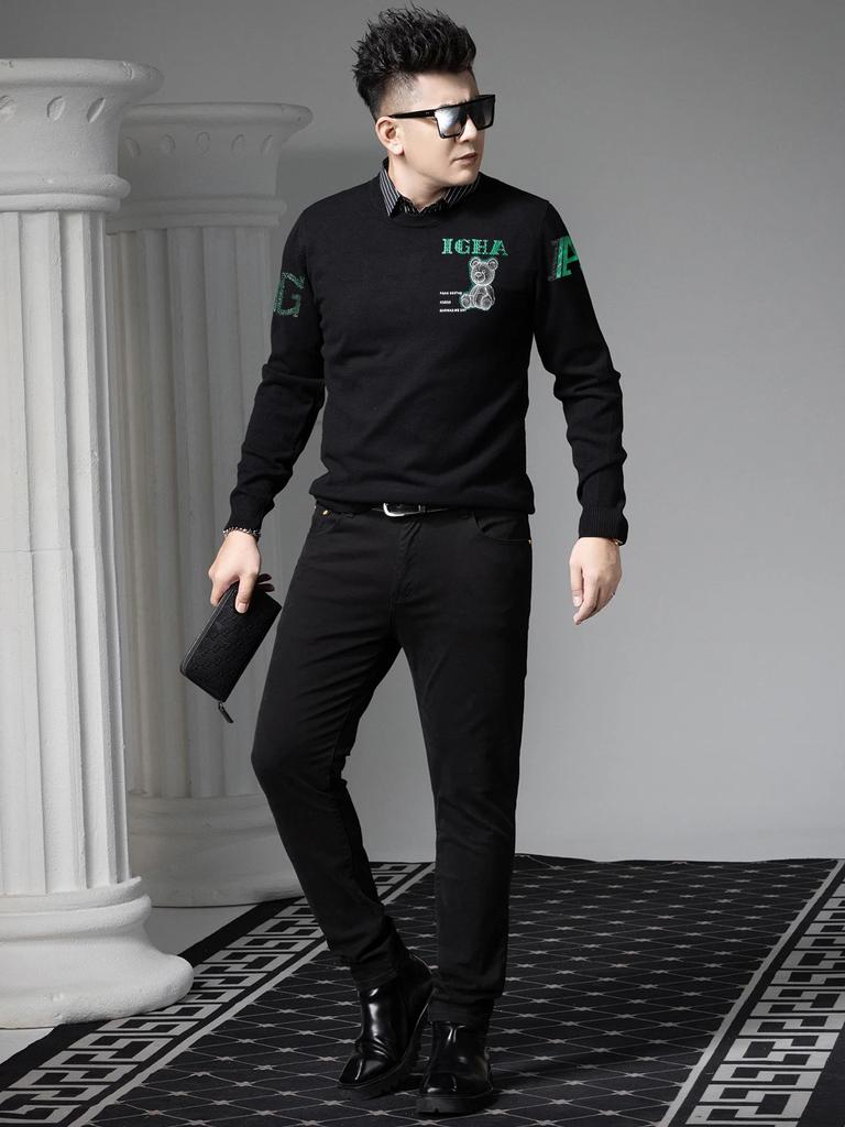 European-Style Fake Two-Piece Round Neck Sweater for Men, Spring and Autumn Trendy Brand Bear Print Knit Pullover Men's Base Layer Shirt