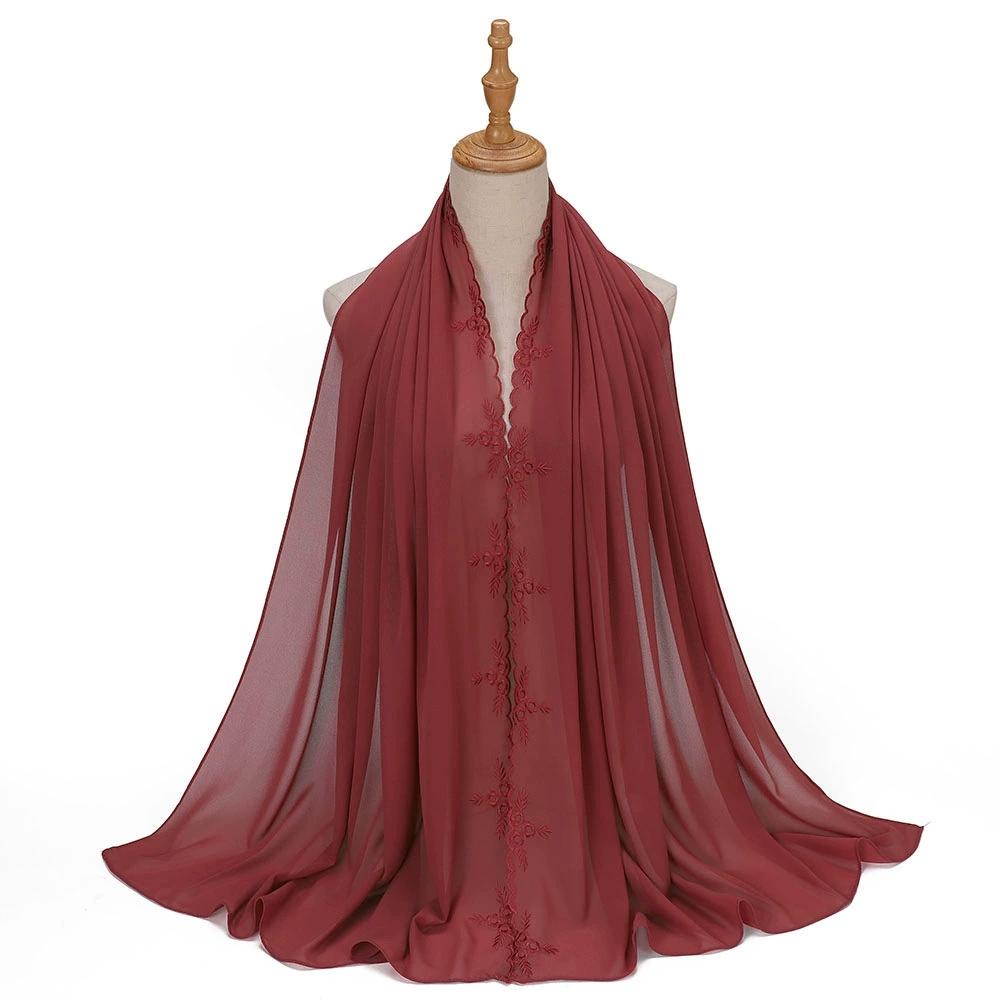 Malaysia Indonesian Embroidered Chiffon Headscarf Shawl Turban Head Wraps Good Quality Breathable Ladies' Scarf 70*175cm